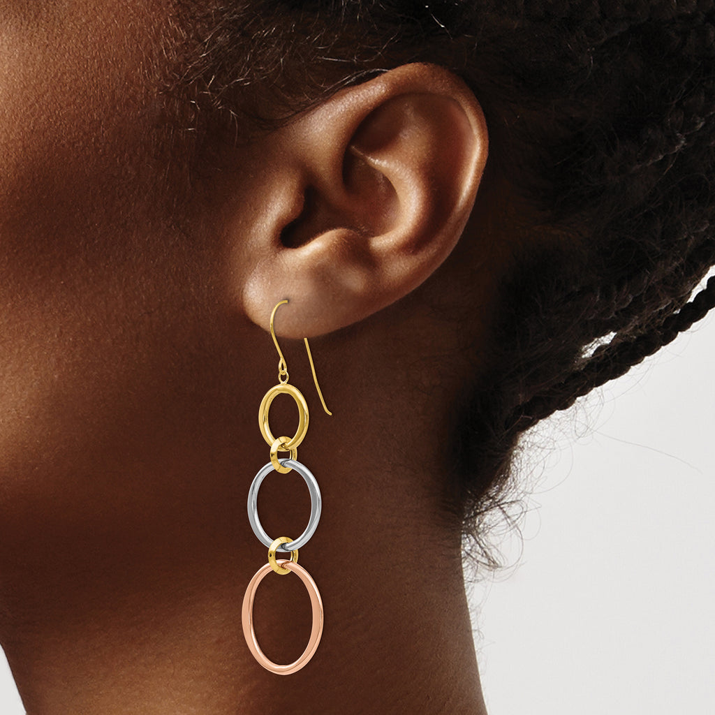 14k Tri-color Triple Graduated Circle Dangle French Hook Earrings