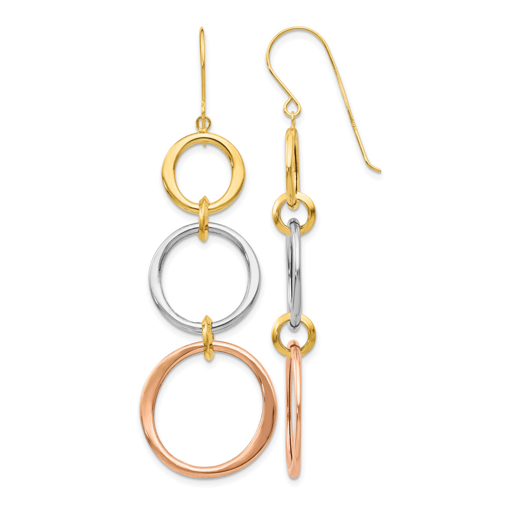 14k Tri-color Triple Graduated Circle Dangle French Hook Earrings