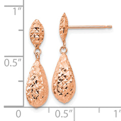 14k Rose Gold Diamond-cut Puff Teardrop Dangle Earrings