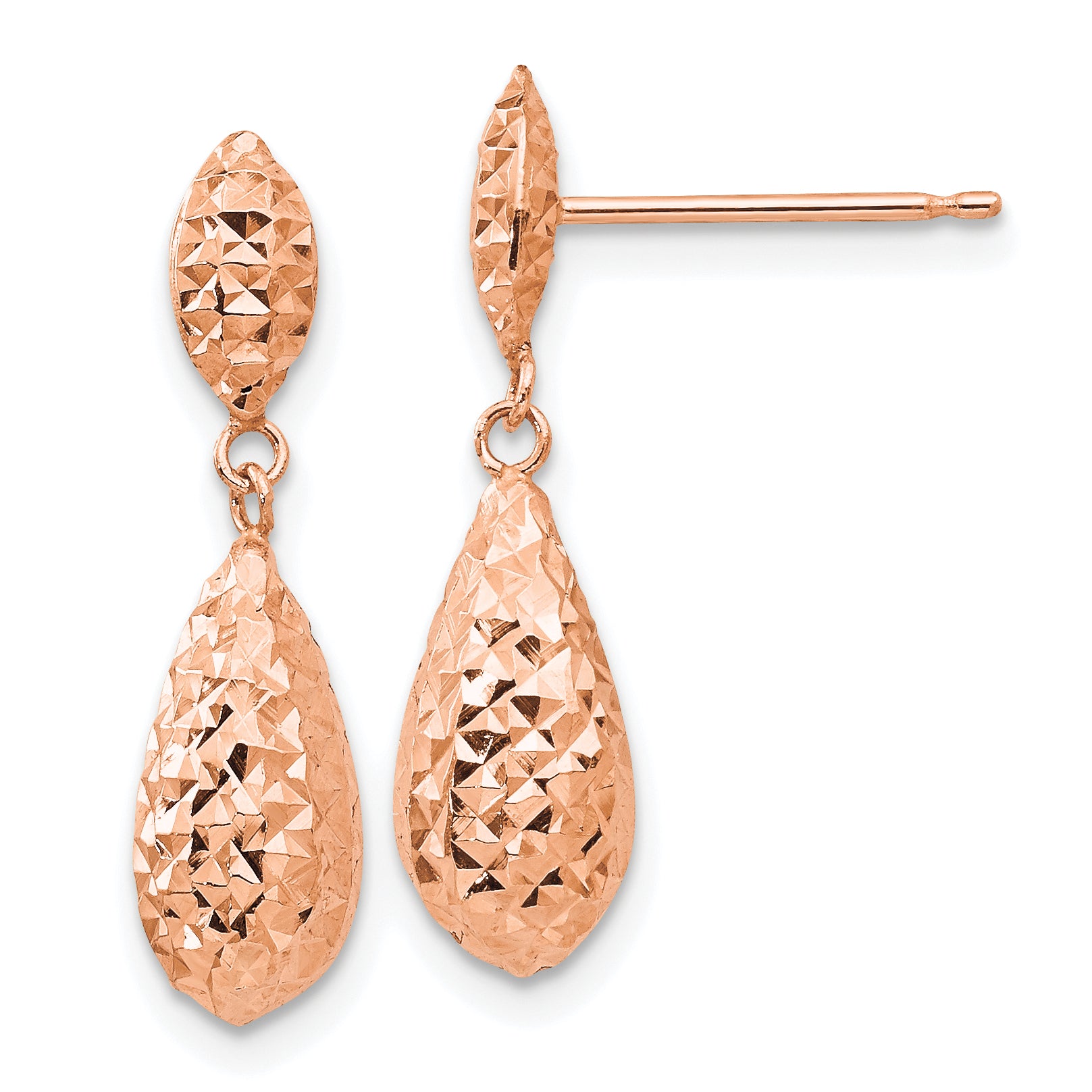 14k Rose Gold Diamond-cut Puff Teardrop Dangle Earrings Main image