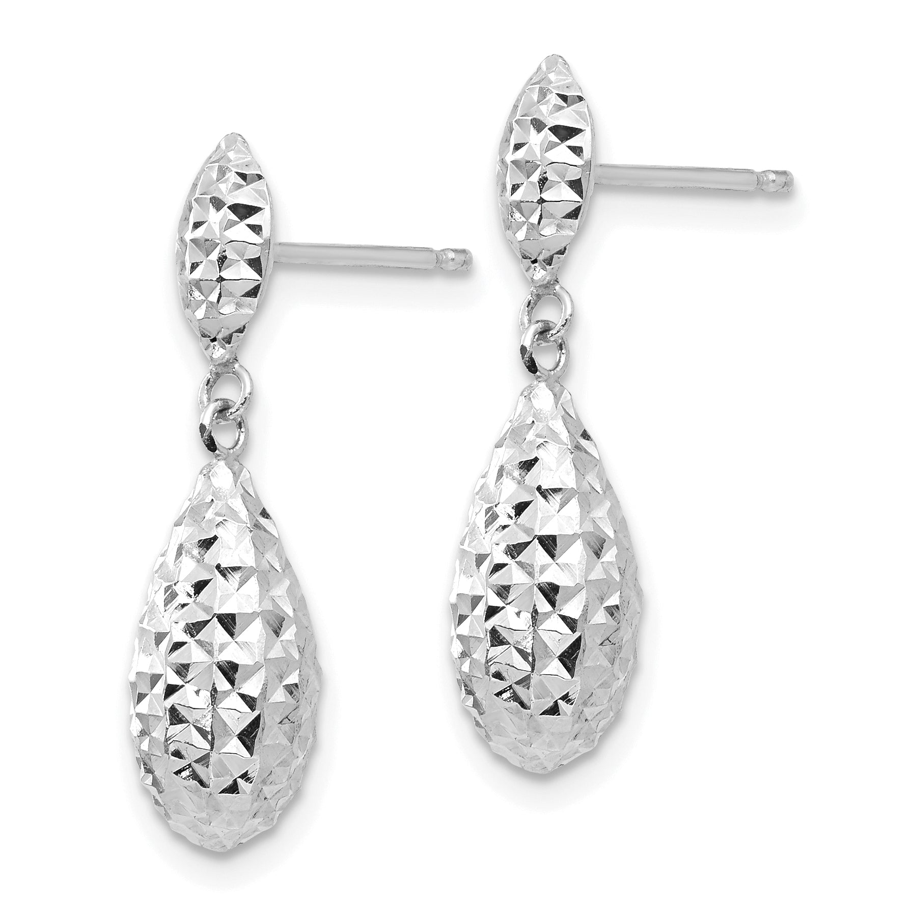 14k White Gold Diamond-cut Puff Teardrop Dangle Earrings