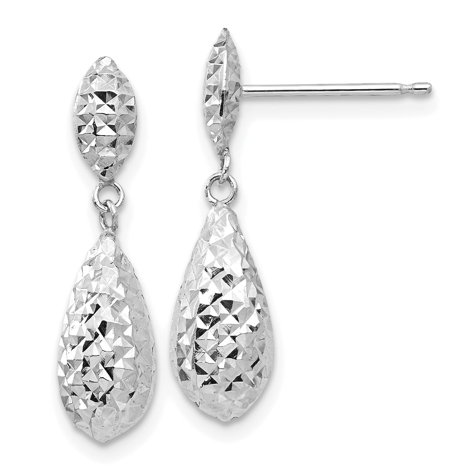 14k White Gold Diamond-cut Puff Teardrop Dangle Earrings Main image