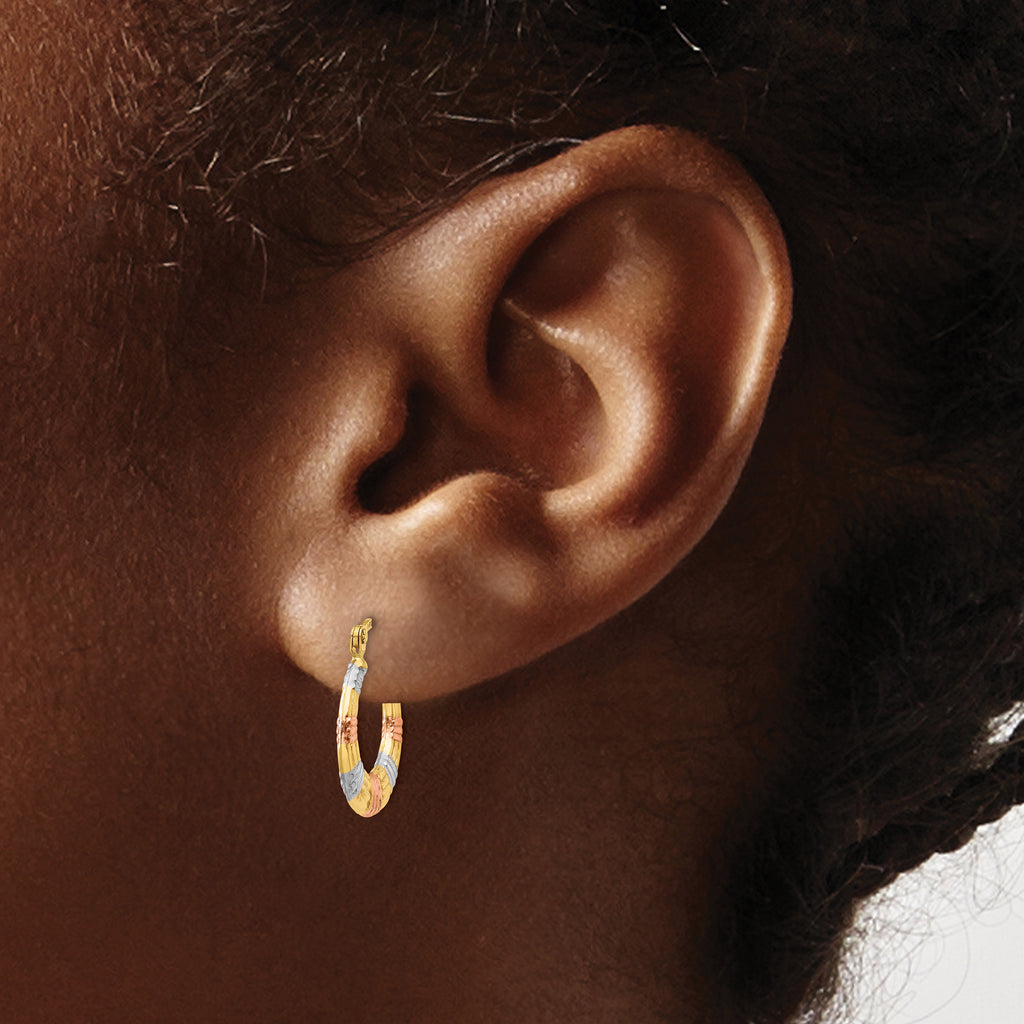 14K & White and Rose Rhodium Hollow Textured Hoop Earrings