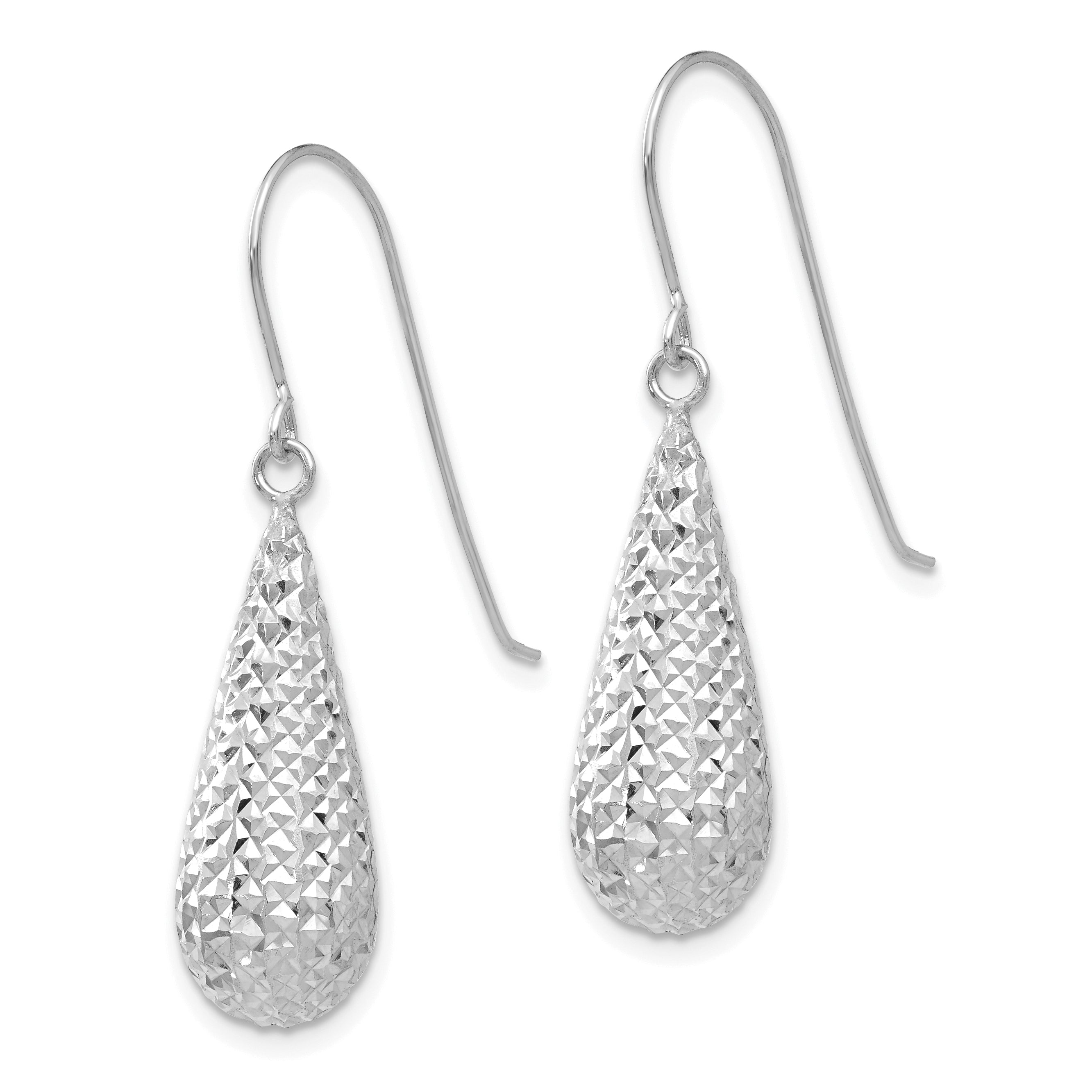 14K White Gold Diamond Cut Puff Tear Drop Dangle Earrings Secondary image