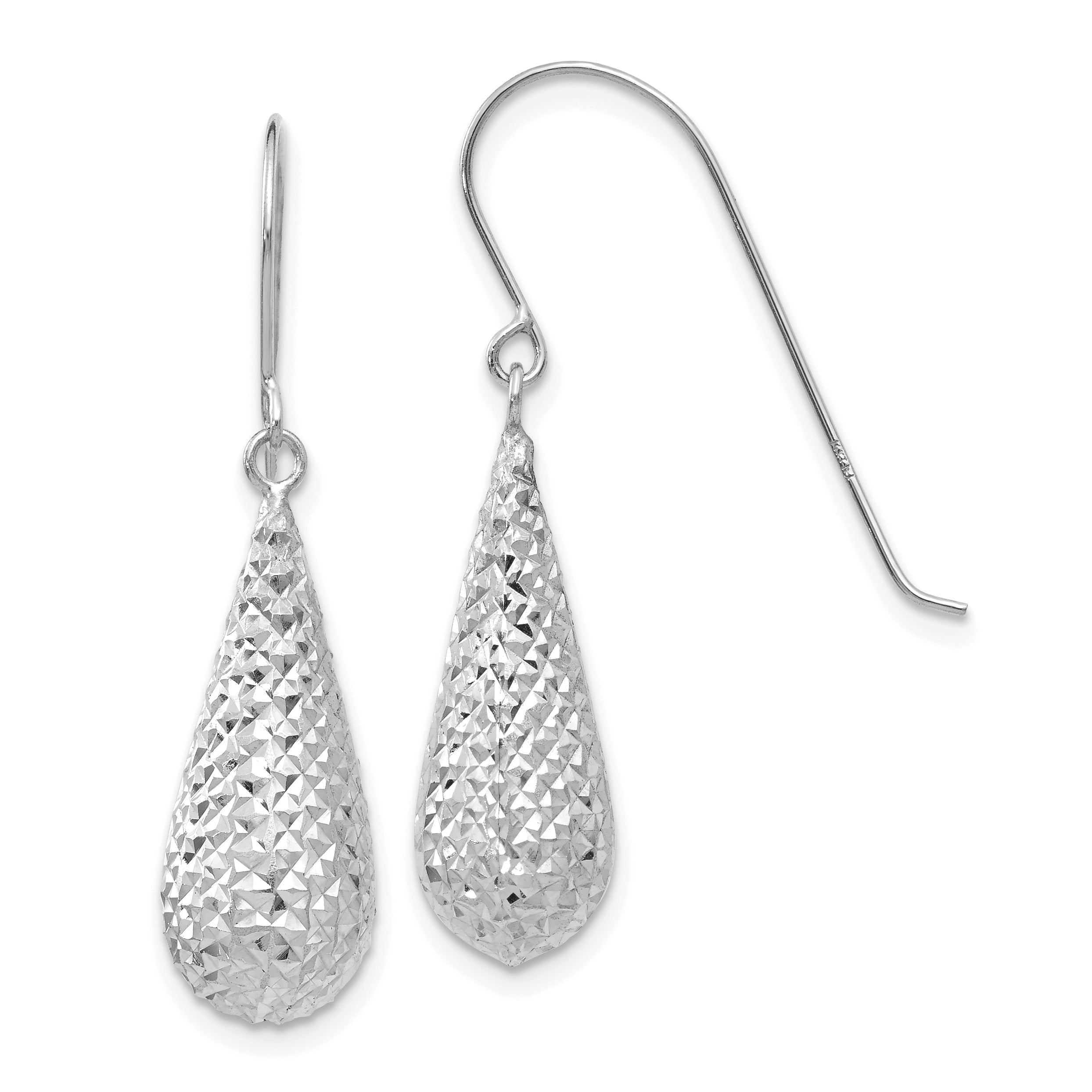 14K White Gold Diamond Cut Puff Tear Drop Dangle Earrings Main image