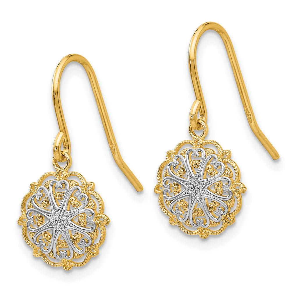 14k and White Rhodium-plated Polished and Textured Medallion Dangle French Hook Earrings