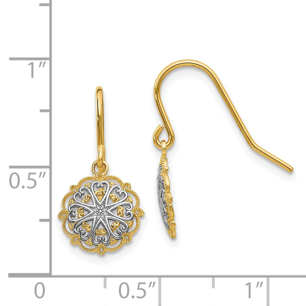 14k and White Rhodium-plated Polished and Textured Medallion Dangle French Hook Earrings