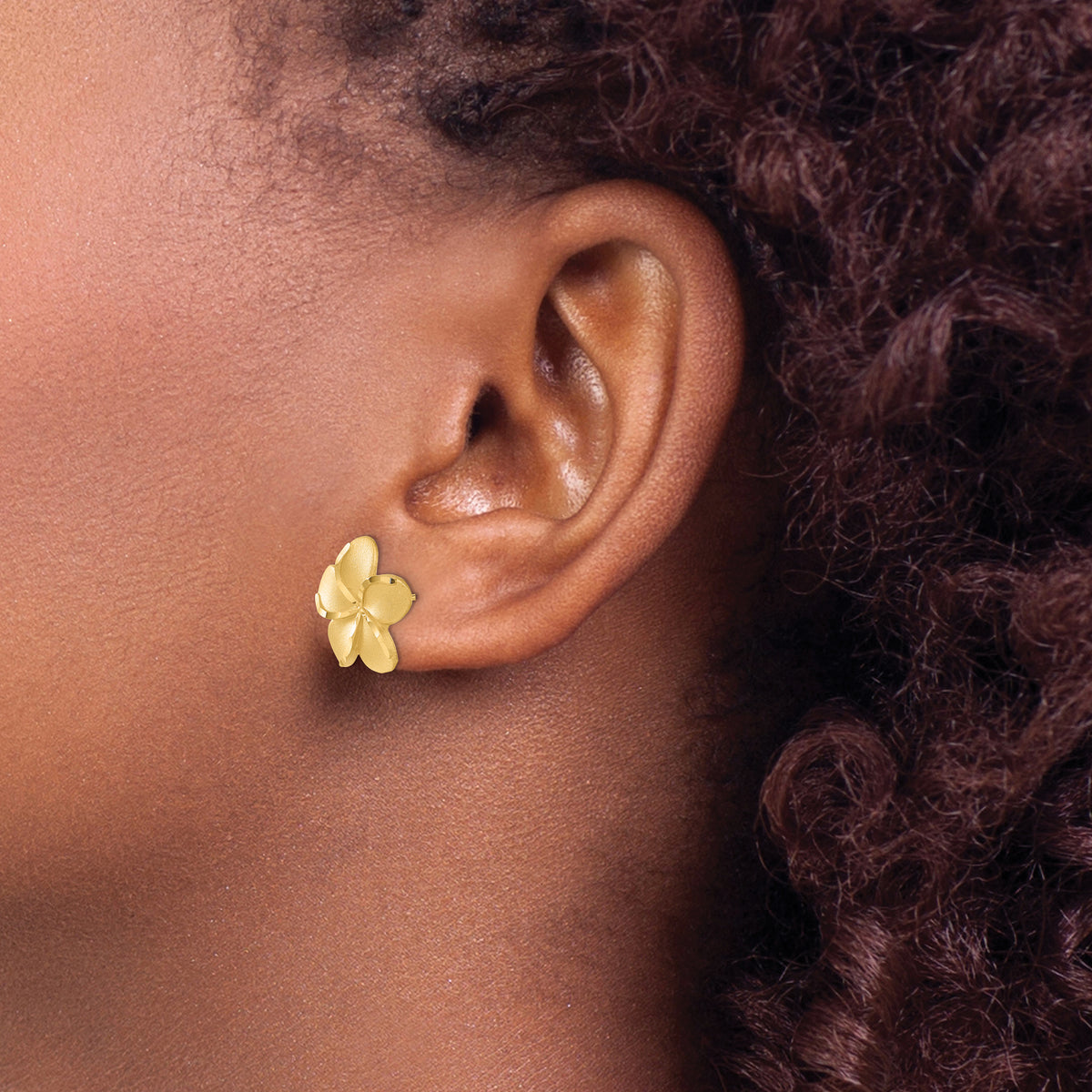 14k Satin Diamond-cut Plumeria Post Earrings