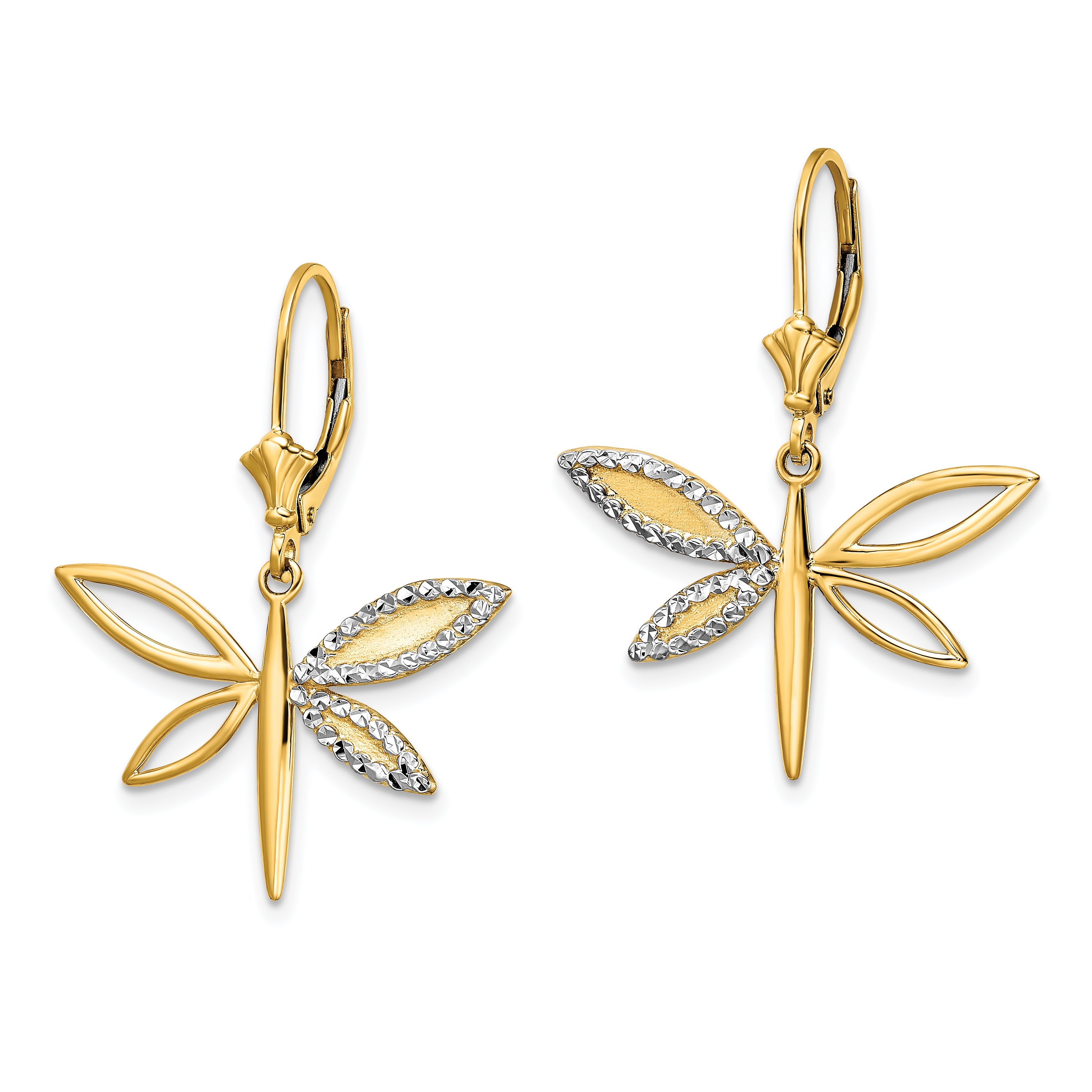 14k & White Rhodium D/C Dragonfly Leverback Earrings
