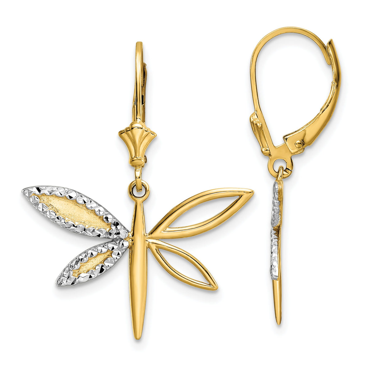 White Dragonfly Leverback Earrings in 14K Yellow Gold, 25mm - Sophia Jewelers Main image