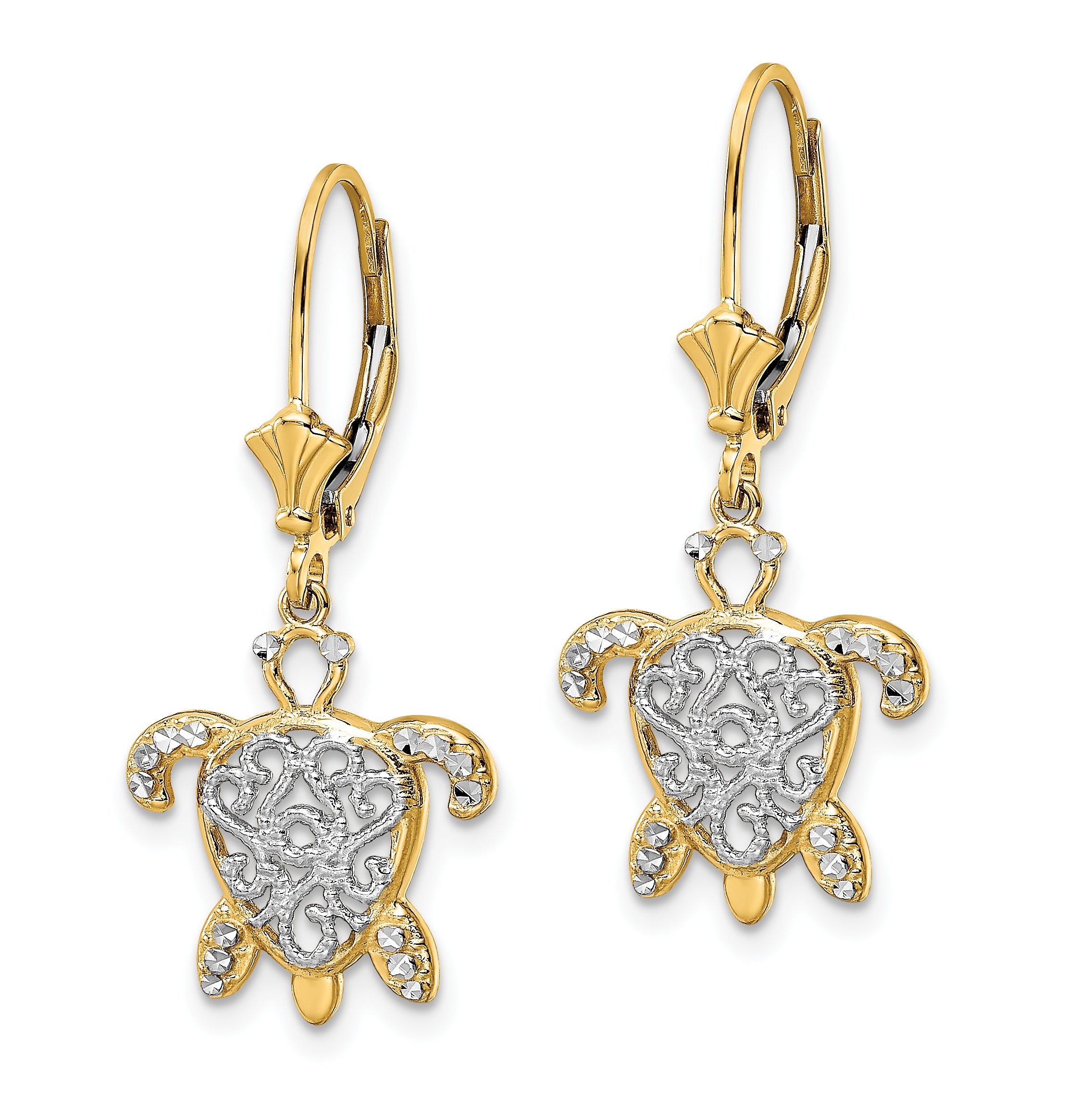 14k & White Rhodium D/C Filigree Turtle Leverback Earrings Secondary image