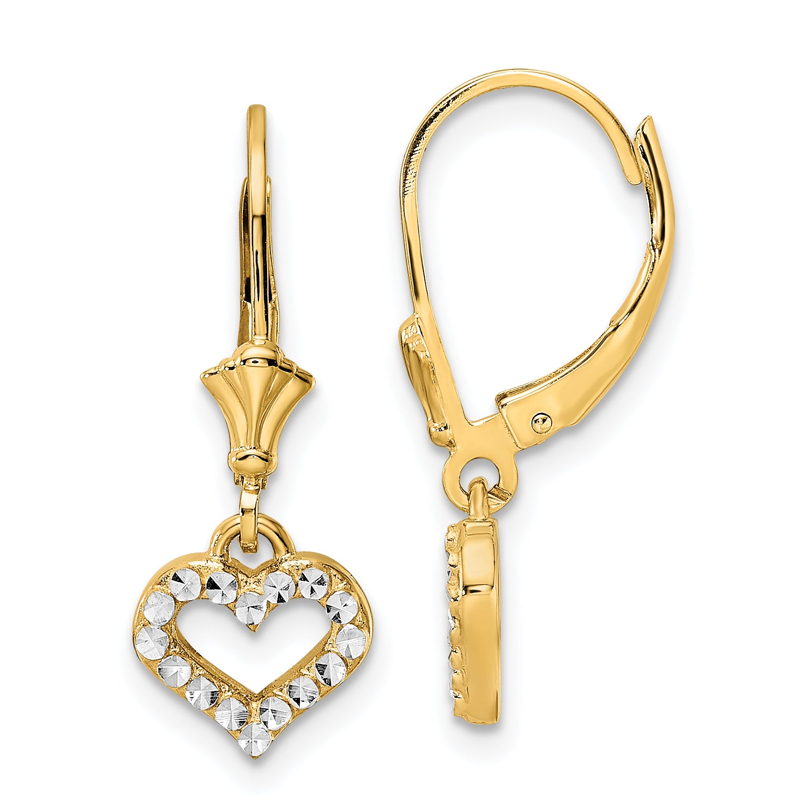 14k & White Rhodium D/C Heart Leverback Earrings