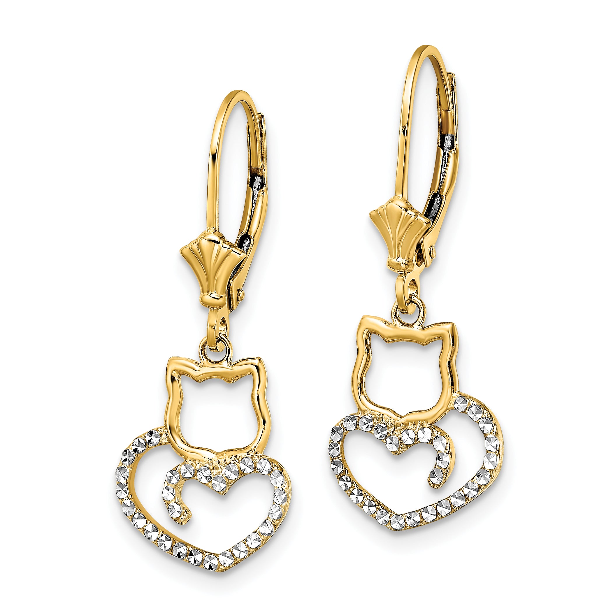 14k & White Rhodium D/C Cat Heart Leverback Earrings Secondary image