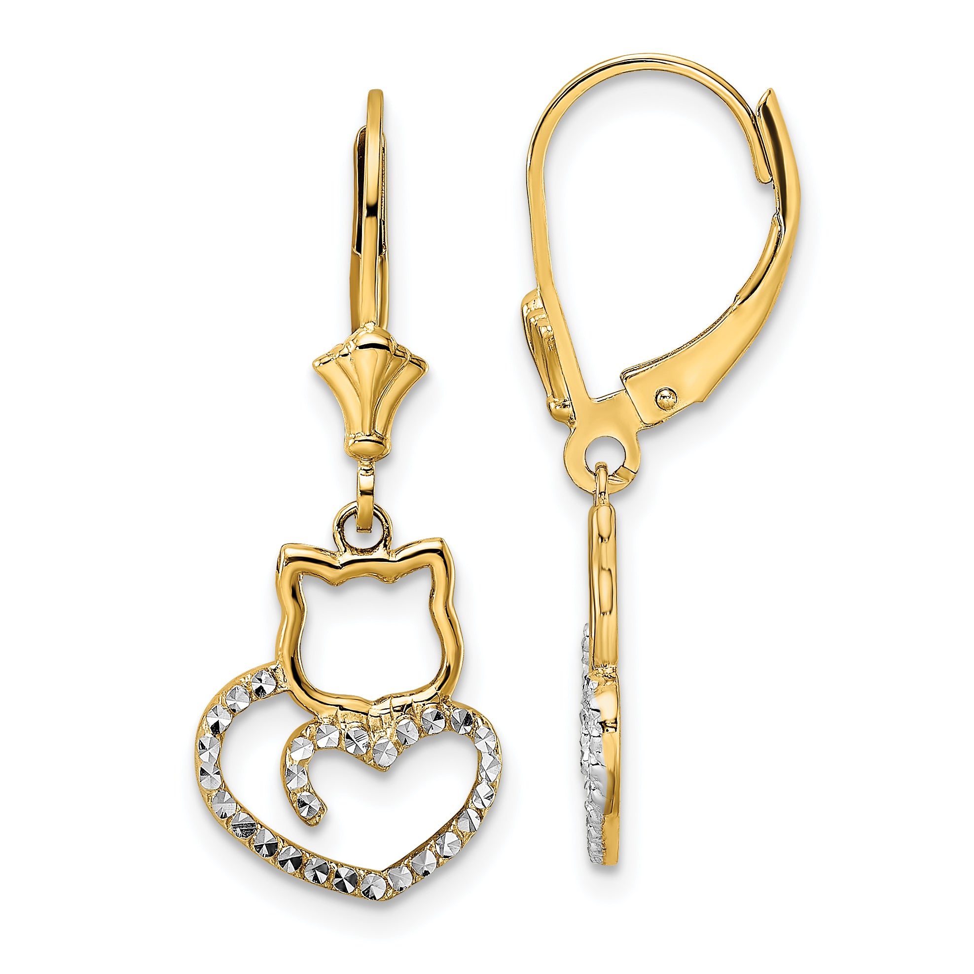 14k & White Rhodium D/C Cat Heart Leverback Earrings Main image