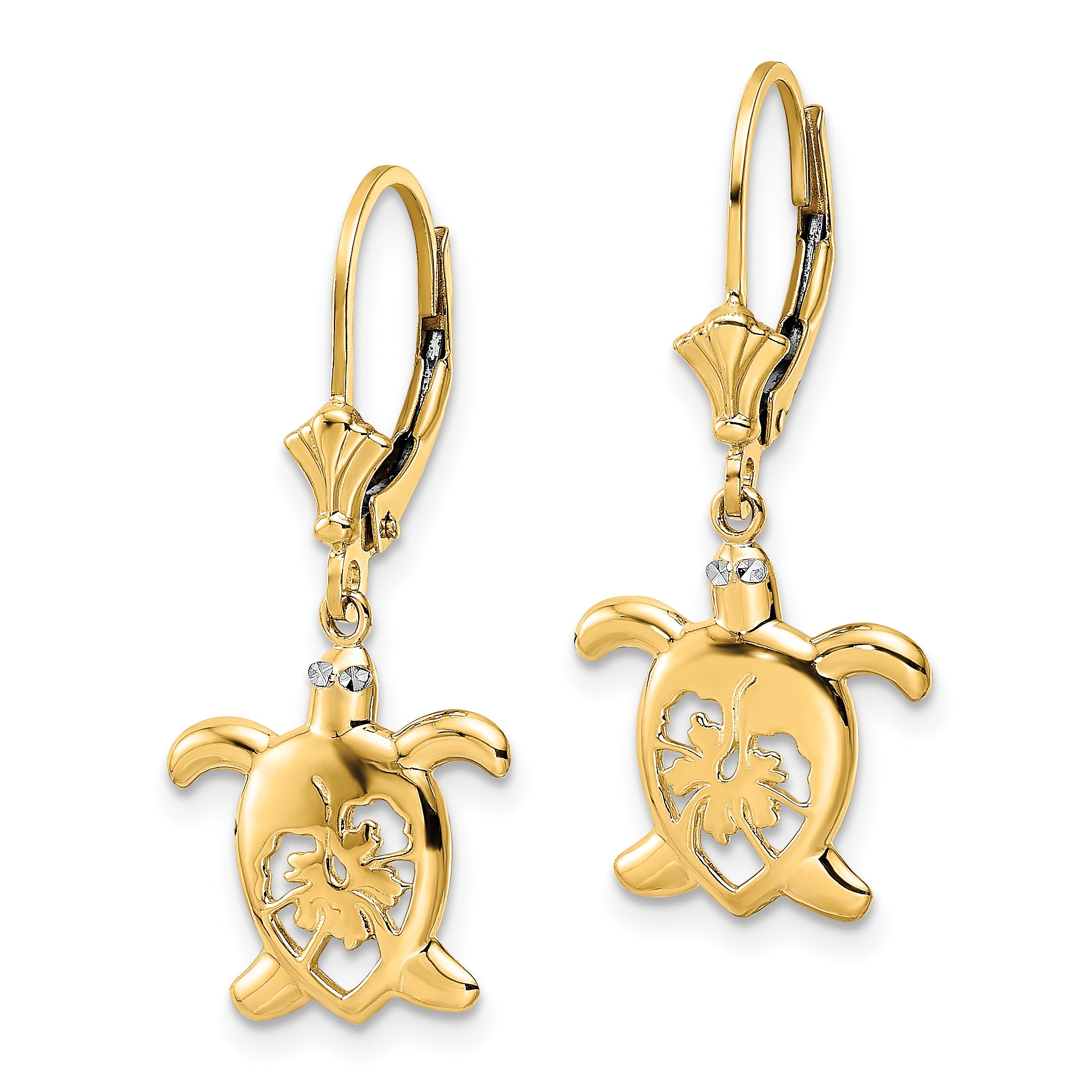 14k & White Rhodium D/C Floral Turtle Leverback Earrings Secondary image