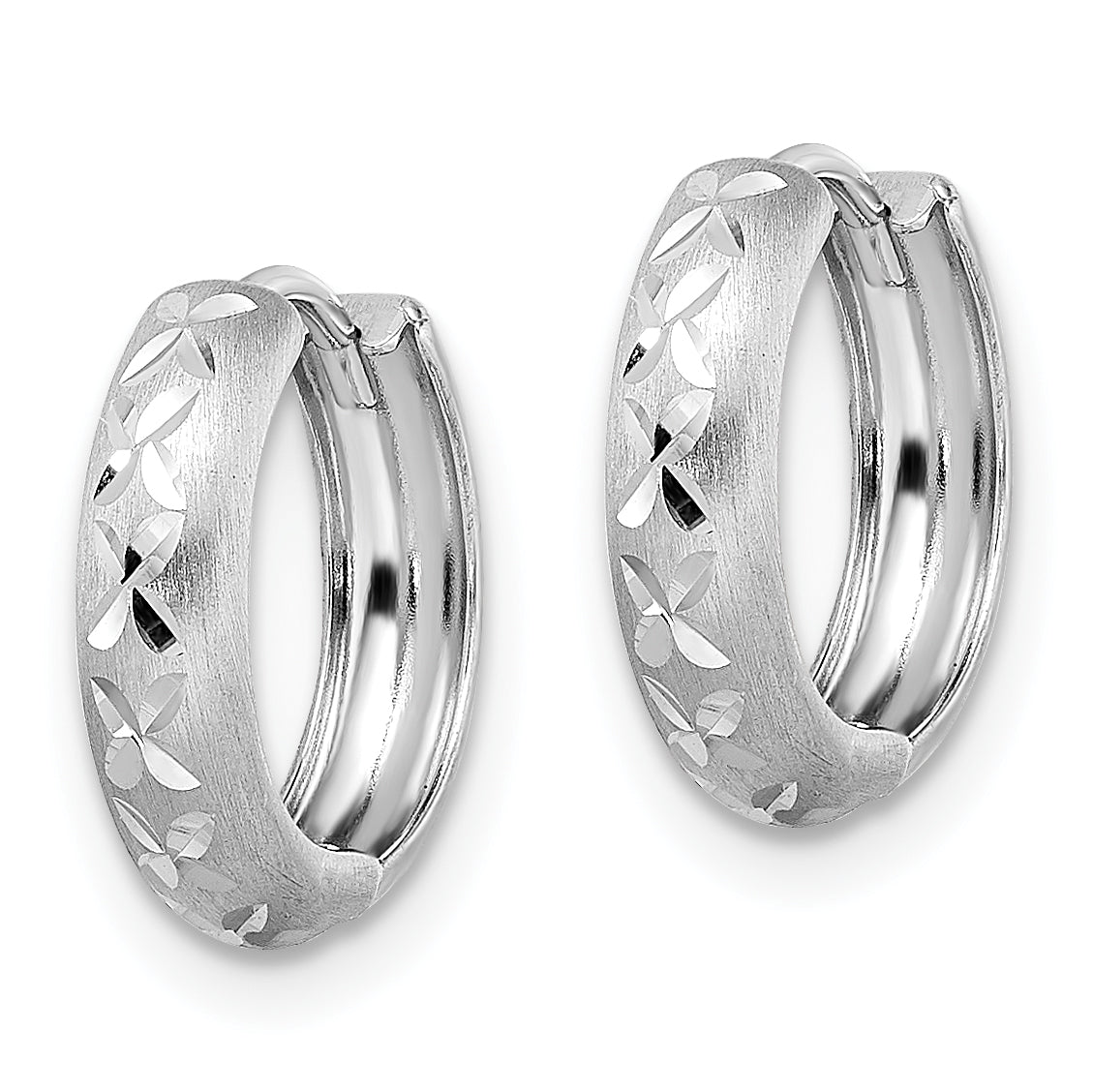 14k White Gold Diamond-cut X Satin 3x13mm Hinged Hoop Earrings Secondary image