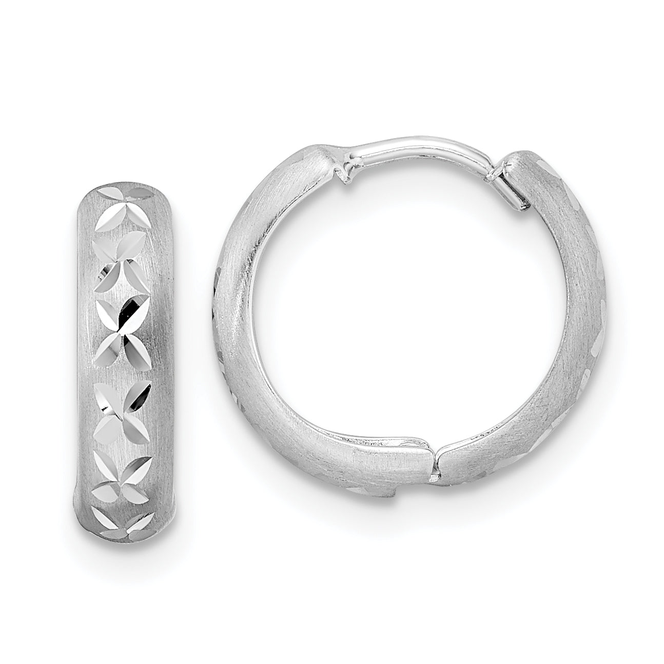 14k White Gold Diamond-cut X Satin 3x13mm Hinged Hoop Earrings Main image