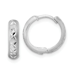 14k White Gold Diamond-cut X Satin 3x13mm Hinged Hoop Earrings