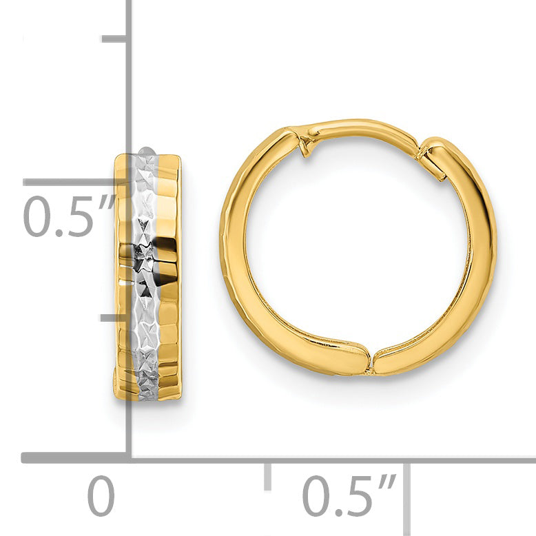 14k w/Rhodium Diamond-cut 3x12mm Hinged Hoop Earrings
