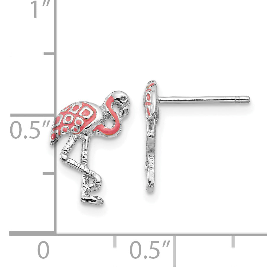 14K White Gold Pink Enameled Flamingo Post Earrings