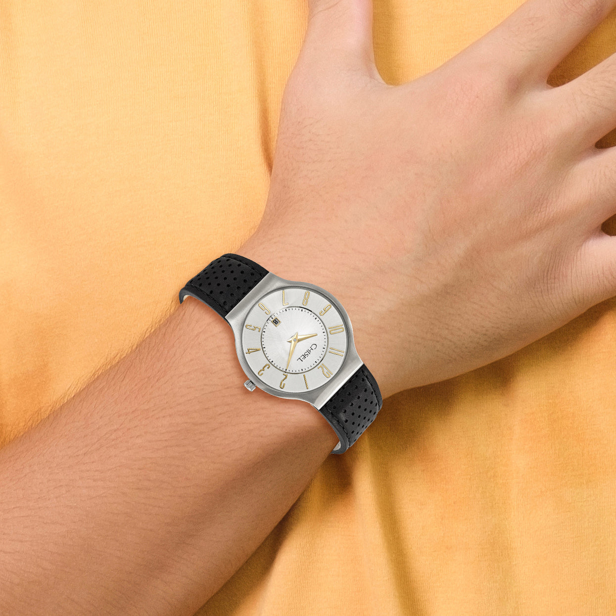 Mens Chisel Stainless Steel White Dial Black Leather Watch