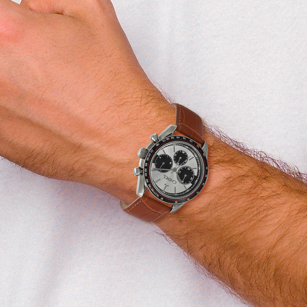 Mens Chisel Stainless Steel Brown Leather Chronograph Watch