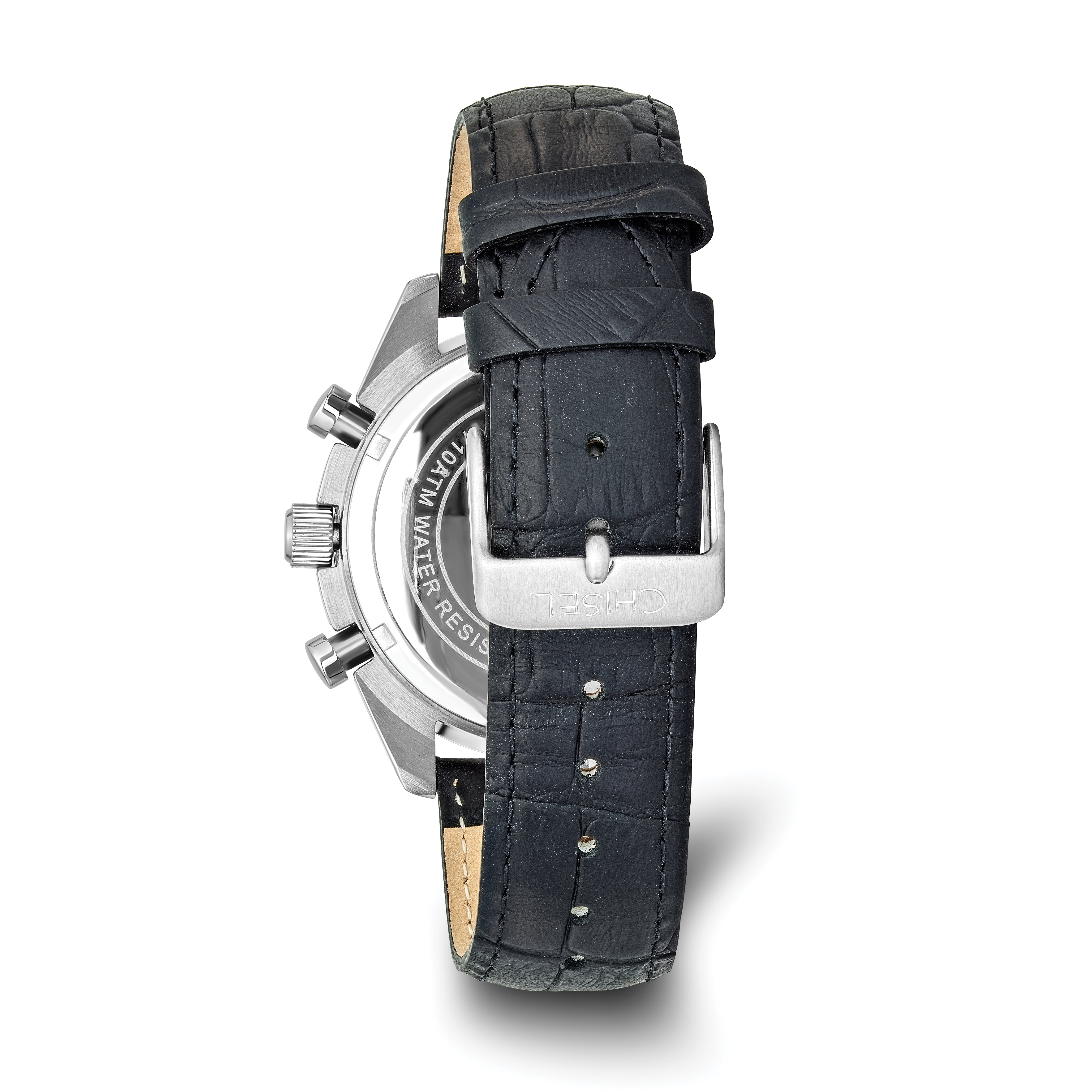 Mens Chisel Stainless Steel Black Leather Chronograph Watch