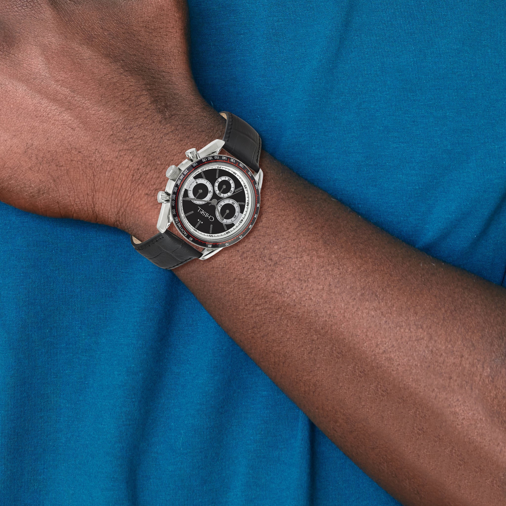 Mens Chisel Stainless Steel Black Leather Chronograph Watch