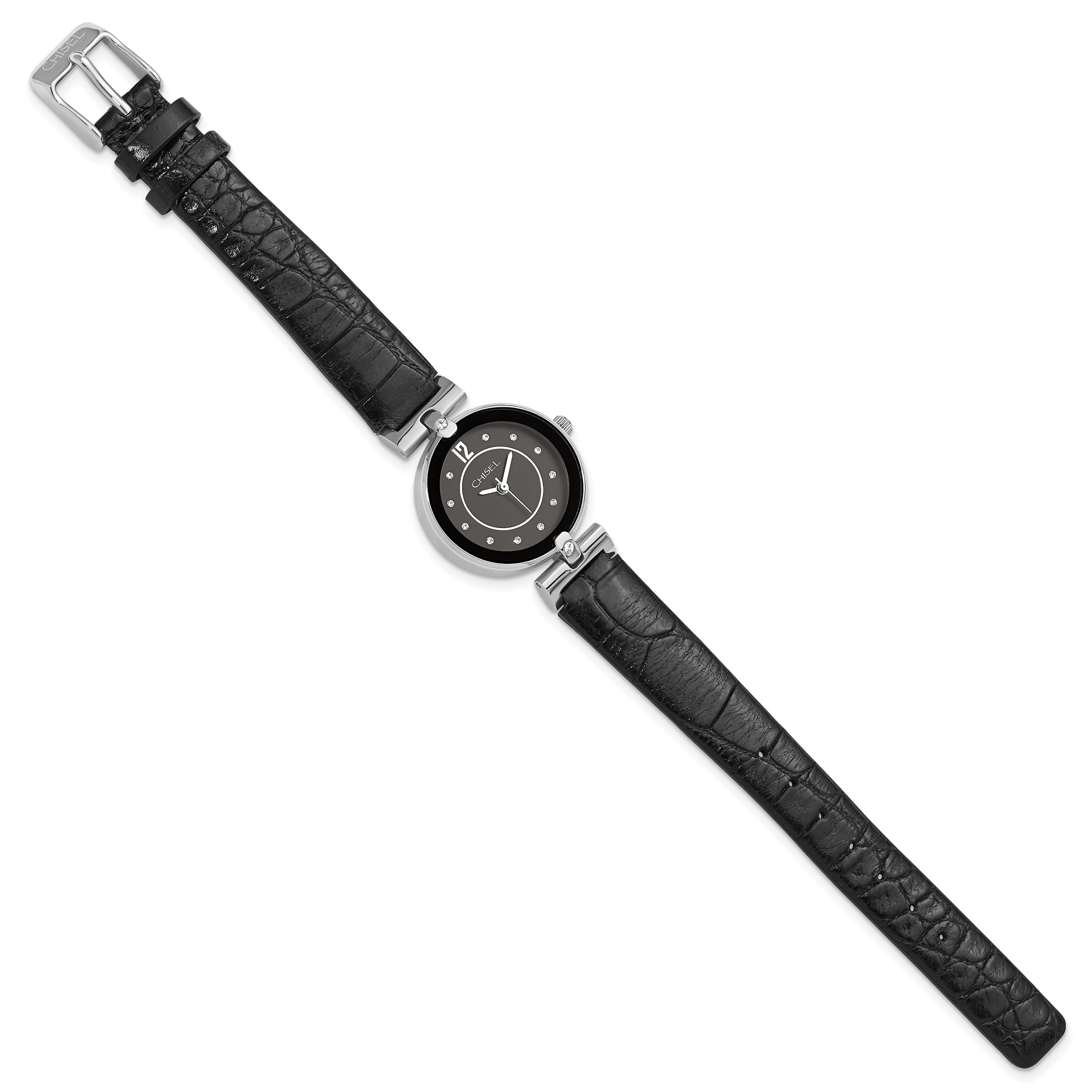 Ladies Chisel Black Dial Black Leather Watch