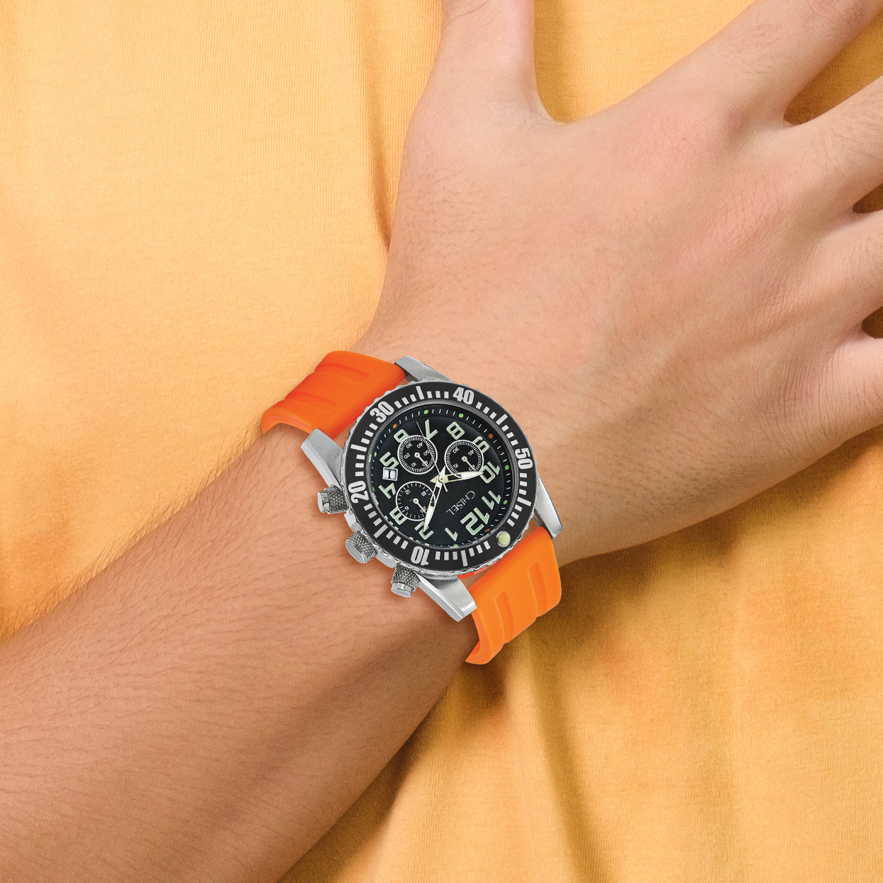 Mens Chisel Black Dial Orange Silicone Strap Chronograph Watch