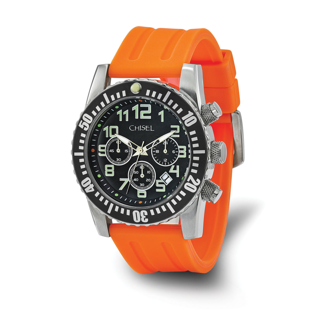 Mens Chisel Black Dial Orange Silicone Strap Chronograph Watch