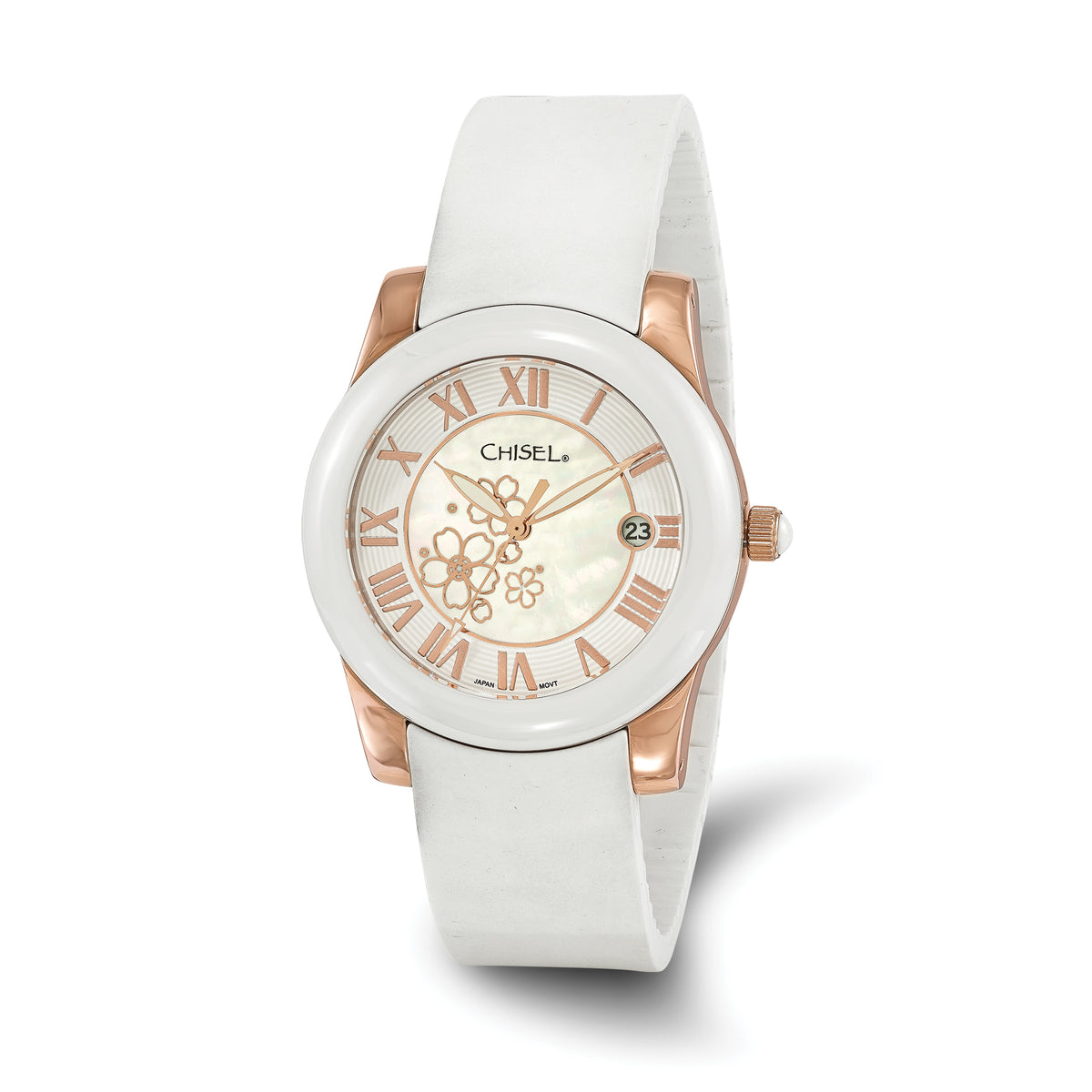 Ladies Chisel Rose IP-plated Floral Dial White Strap Watch