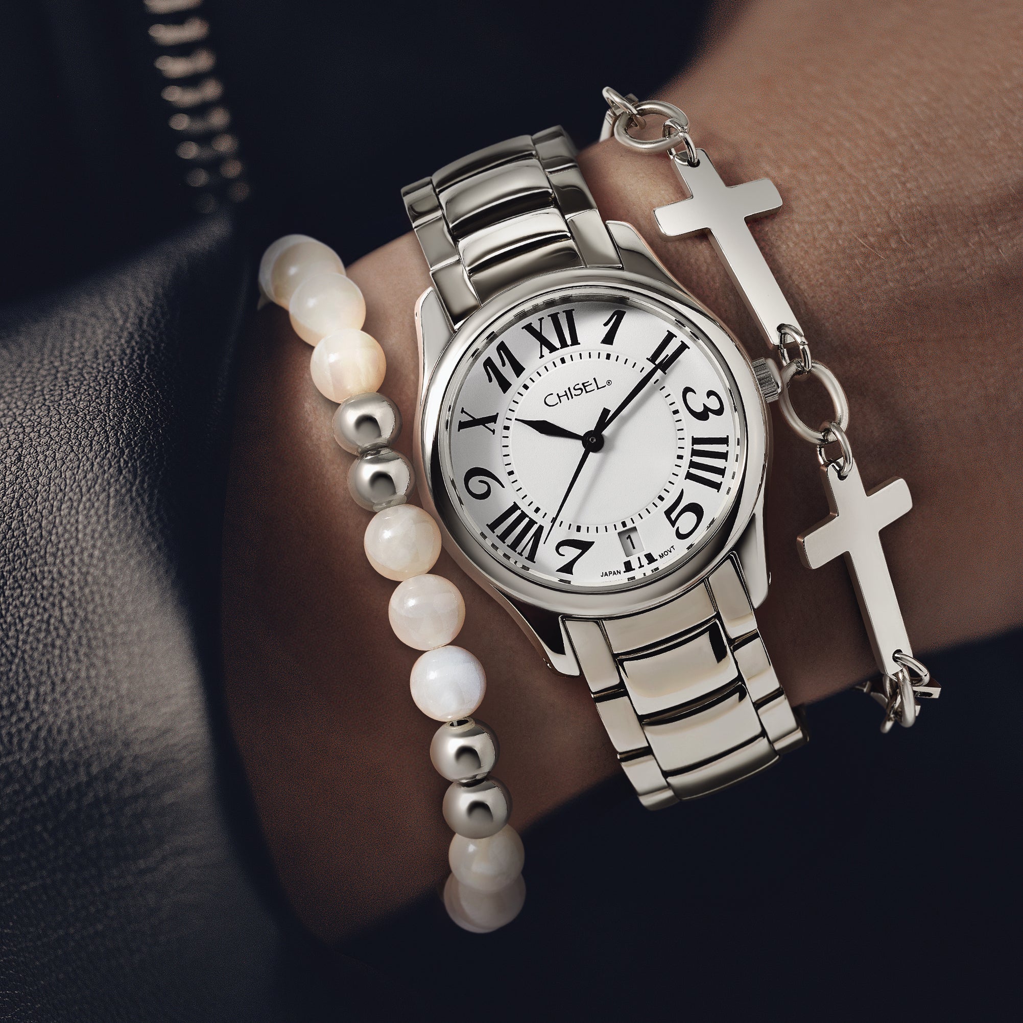 Ladies Chisel Stainless Steel Rose IP-plated White Leather Strap Watch