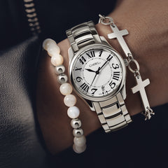 Ladies Chisel Stainless Steel Rose IP-plated White Leather Strap Watch