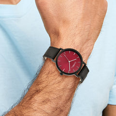 Chisel Matte Black IP-plated Red Dial Black Leather Band with Quick Release Watch