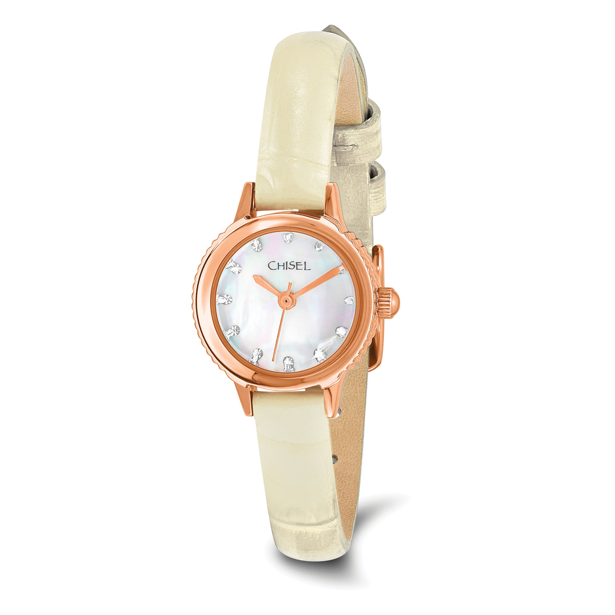 Ladies Chisel Stainless Steel Rose IP-plated White Leather Strap Watch