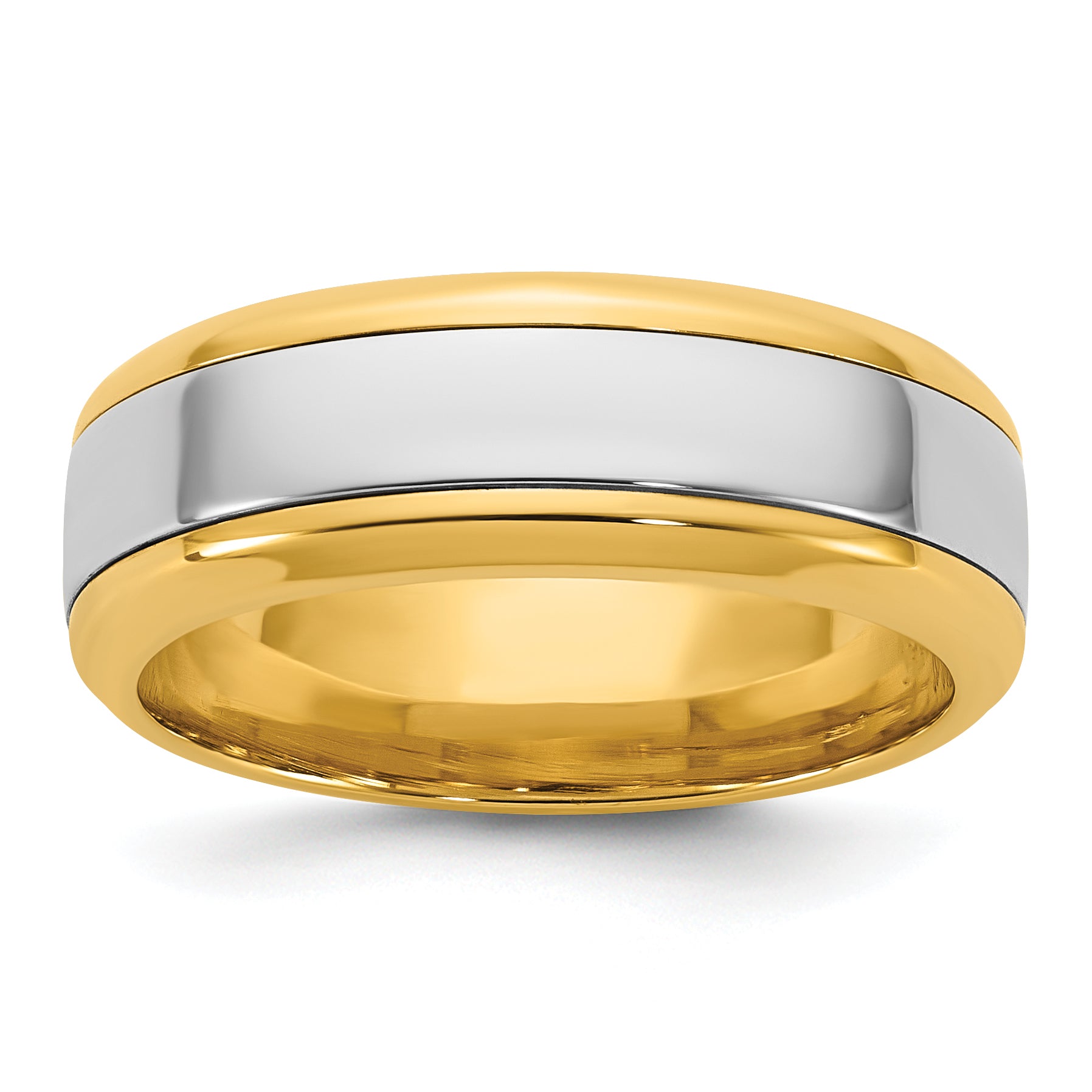 14k Two-Tone Yellow and White 7mm Beveled Edge Wedding Band Main image