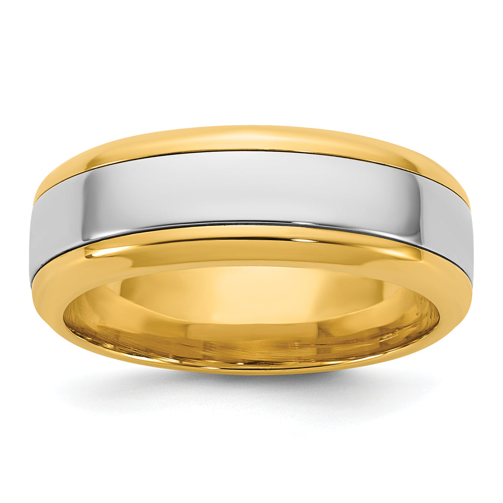 14k Two-Tone Yellow and White 7mm Beveled Edge Wedding Band