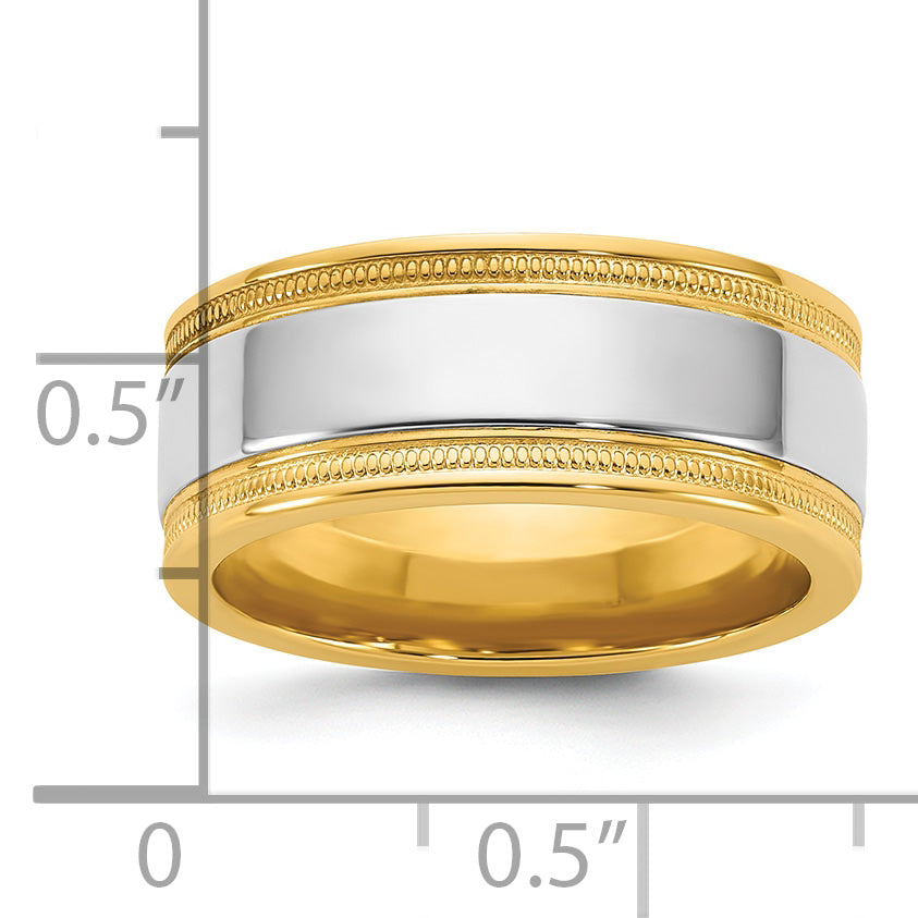 14k Two-Tone Yellow and White 8mm Milgrain Wedding Band
