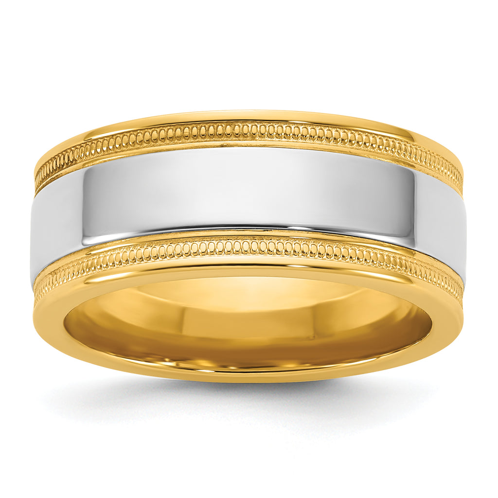 14k Two-Tone Yellow and White 8mm Milgrain Wedding Band
