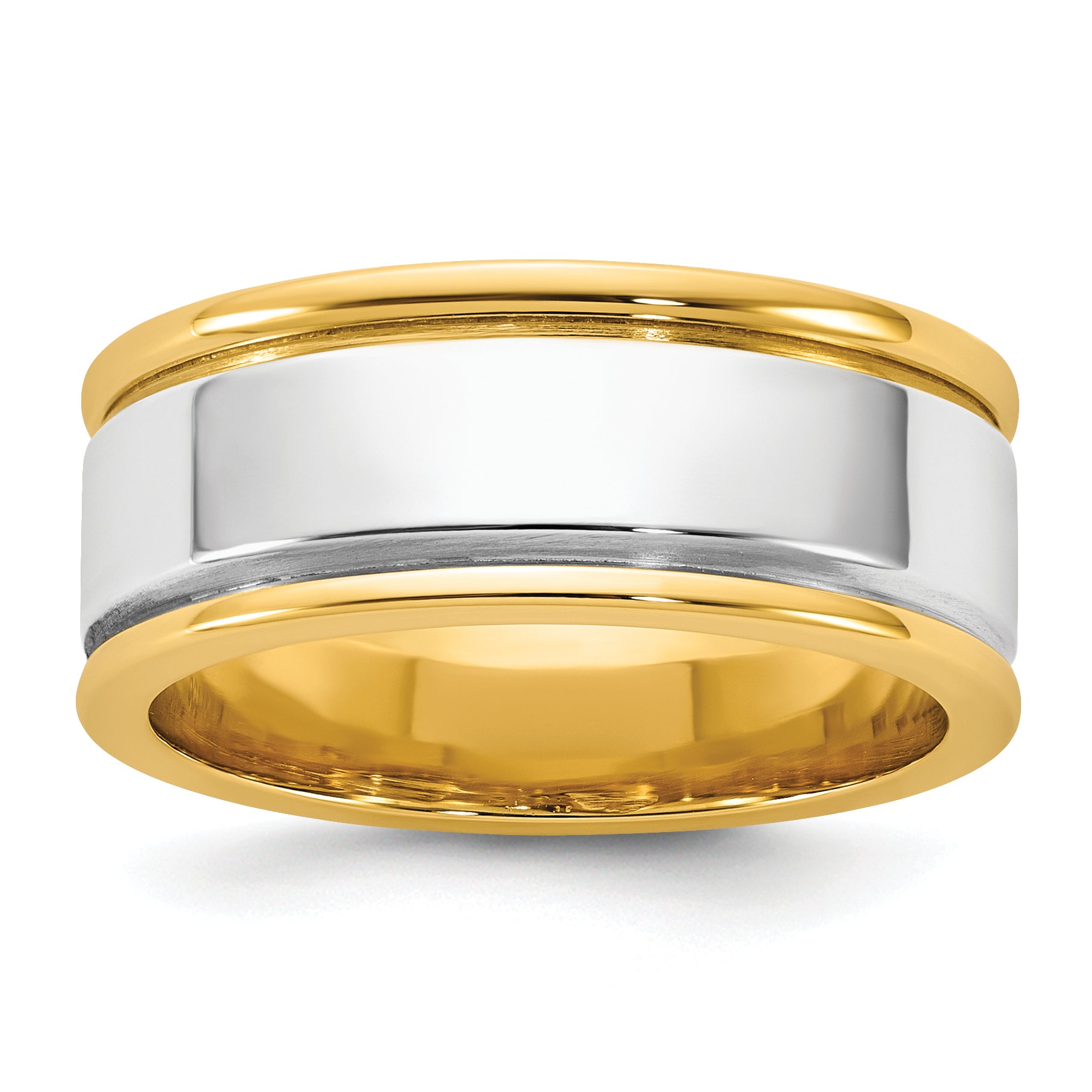 14k Two-Tone Yellow and White 8mm Step Up Beveled Wedding Band Main image