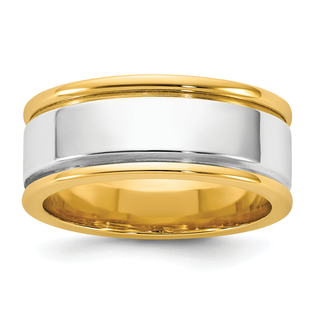 14k Two-Tone Yellow and White 8mm Step Up Beveled Wedding Band