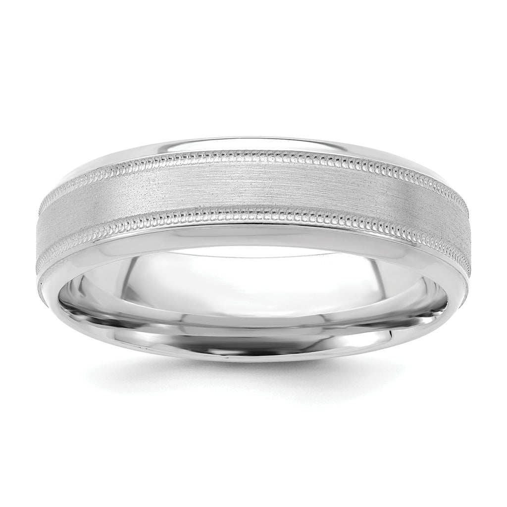 14k White Gold 6mm Standard Weight Comfort Fit Brushed Satin/Polished Milgrain Grooved Edge Wedding Band