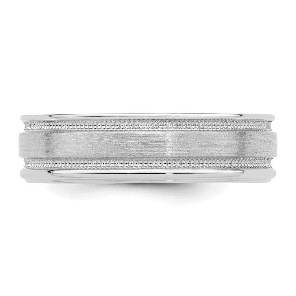 14k White Gold 6mm Standard Weight Comfort Fit Brushed Satin/Polished Milgrain Grooved Edge Wedding Band
