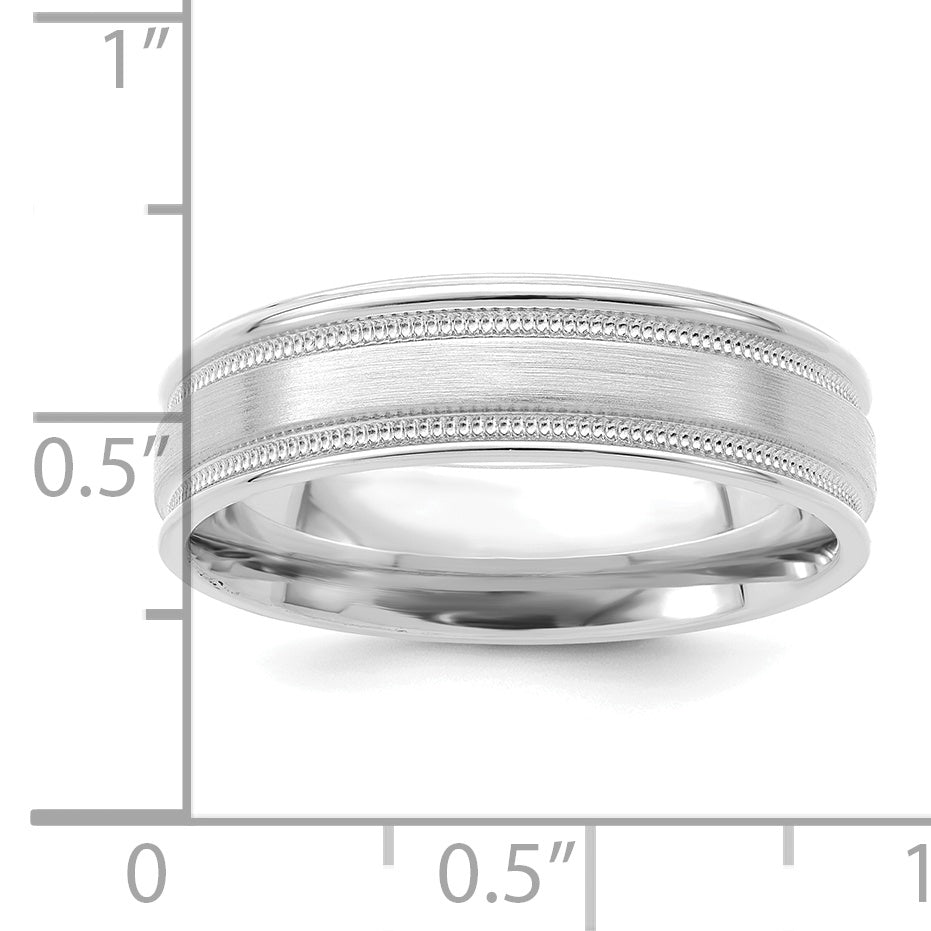 14k White Gold 6mm Lightweight Comfort Fit Brushed Satin/Polished Milgrain Grooved Edge Wedding Band