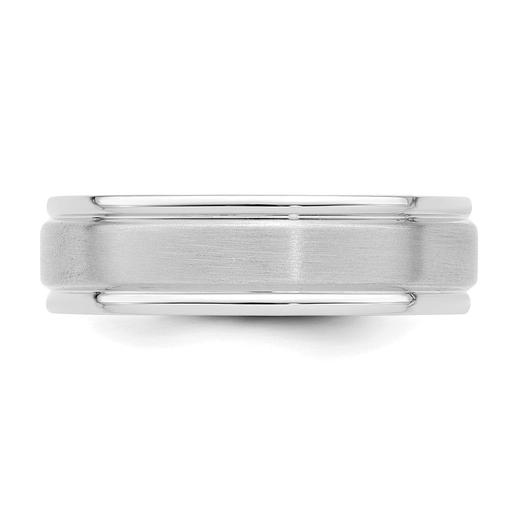 14k White Gold 6mm Standard Weight Comfort Fit Brushed Satin/Polished Grooved Edge Wedding Band
