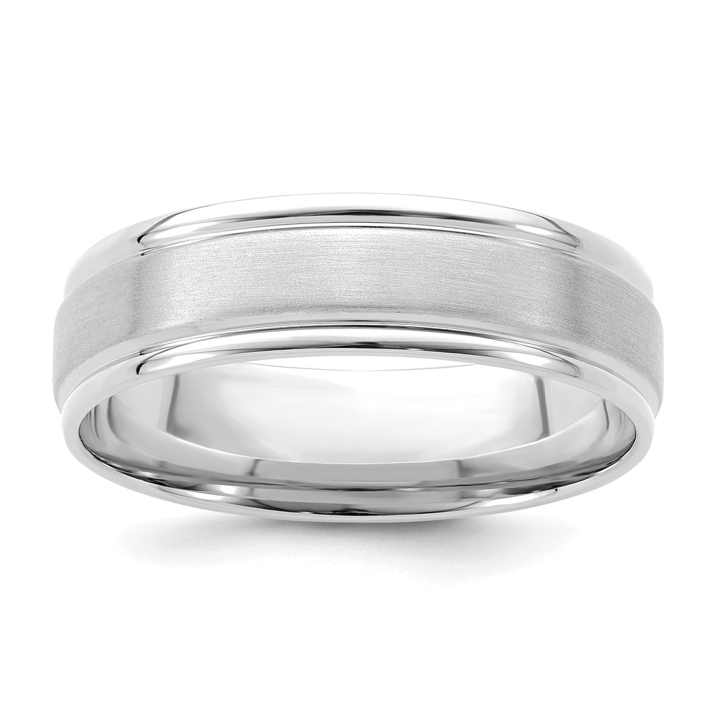 14k White Gold 6mm Lightweight Comfort Fit Brushed Satin/Polished Grooved Edge Wedding Band