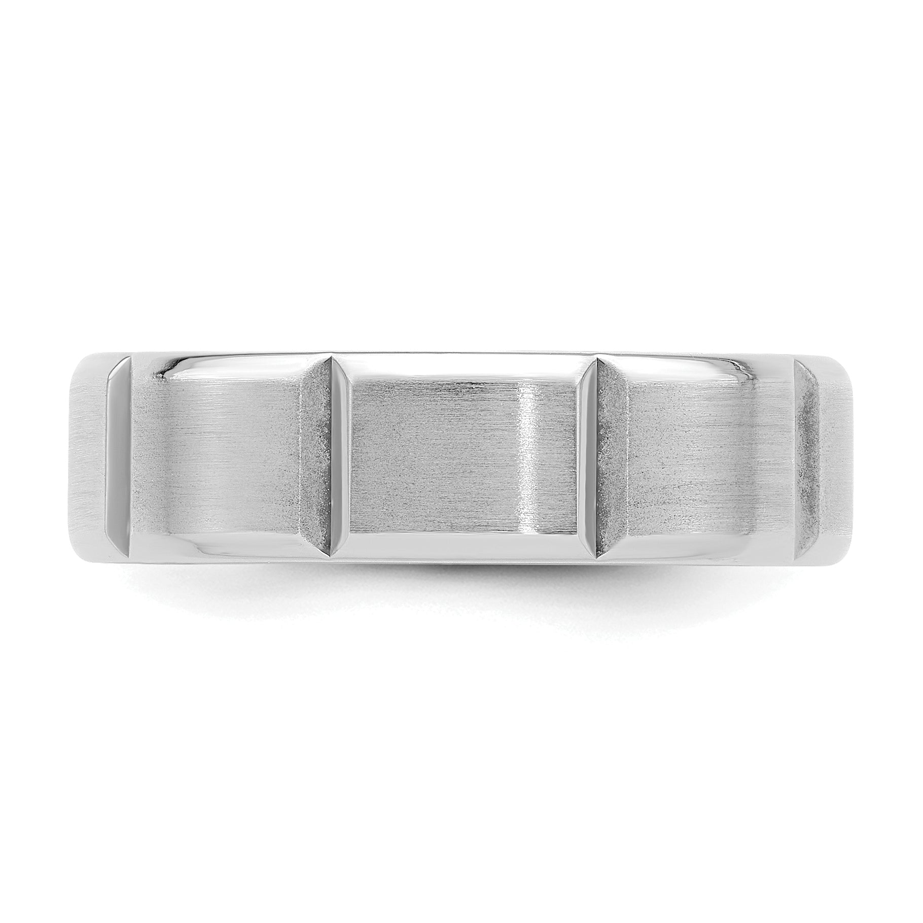 14k White Gold 6mm Heavyweight Comfort Fit Brushed/Polished Beveled Edge with Vertical Lines Wedding Band