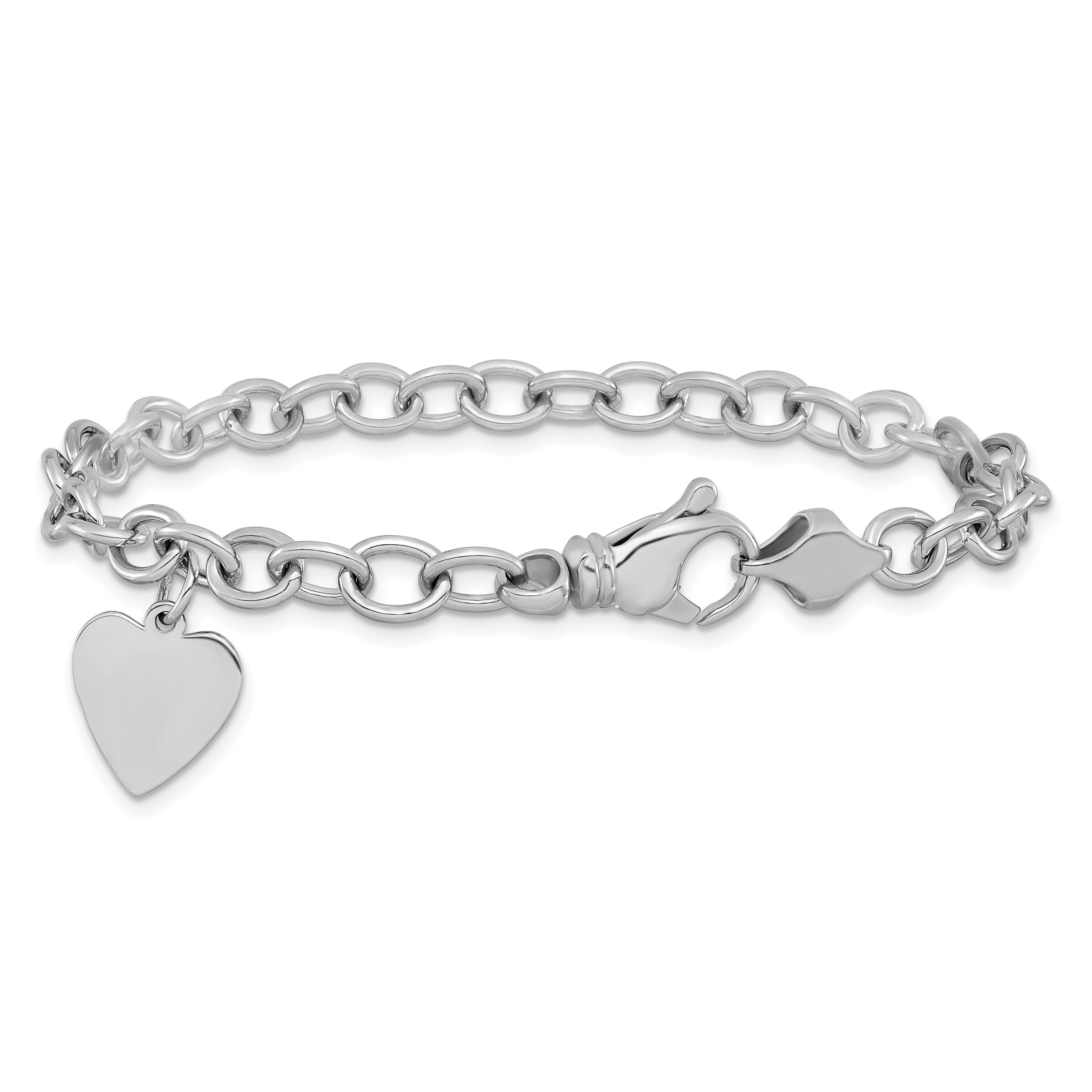 14k White Gold Engravable 19x13mm Solid Dangle Heart Charm and Solid Polished Link 8.5 inch Bracelet Secondary image