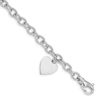 14k White Gold Engravable 19x13mm Solid Dangle Heart Charm and Solid Polished Link 7.5 inch Bracelet